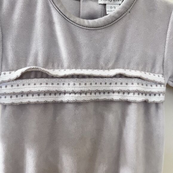 Kissy Kissy Gray Velvet Footie One Piece Crochet Lace Trim Size 0-3 Months - Picture 5 of 12